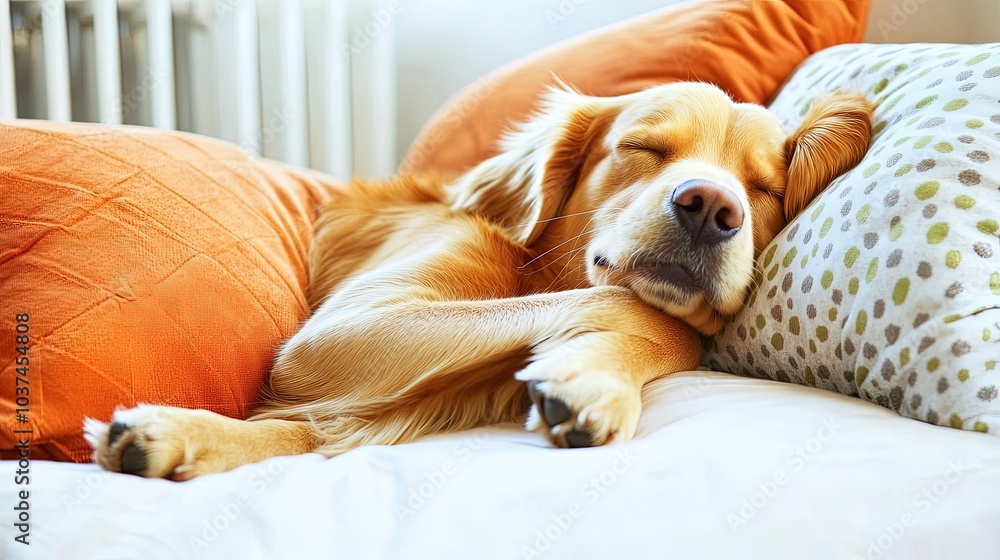 Obraz premium Lively Golden Retriever Puppy Napping on a Soft Pillow with Copy Space for Text. Making It Perfect for Insurance or Pet Care Concepts