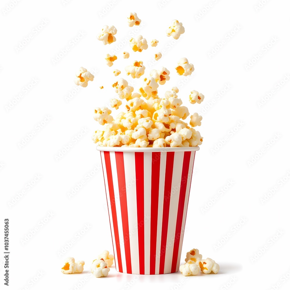 delicious popcorn flying out of red-white striped paper cup isolated on a white background delicious popcorn flying out of red-white striped paper cup isolated on a white background