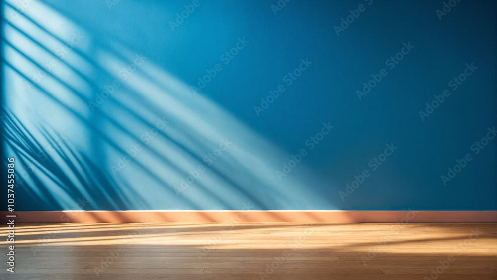 background with blurred shadow on blue wall and wooden floor