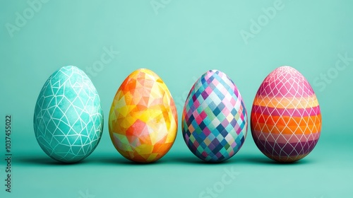 Four decorated easter eggs standing on green background