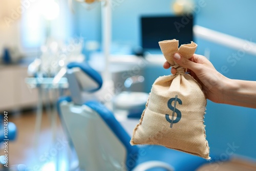 Money bag in a dental office with modern equipment and blue decor, symbolizing financial investment or costs associated with dental care photo