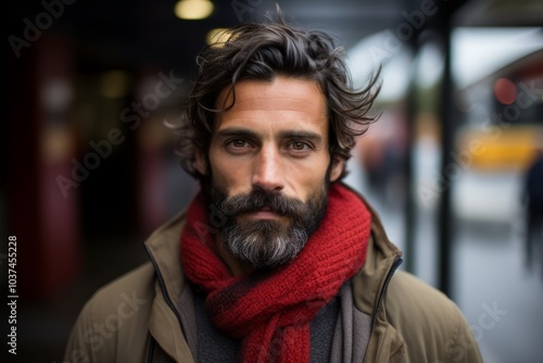 Portrait of handsome bearded man with red scarf in the city.