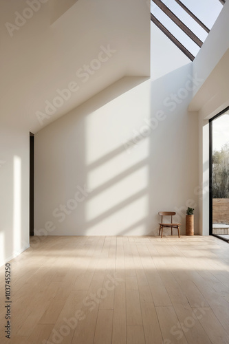 interior with shadow by window on white wall and floor. Beautiful modern style room