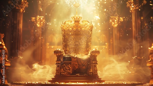 Dazzling crown on a throne, Glowing crown, King, Ruler, Copy space,Space for text,Generative AI,王座の上に眩い王冠、光り輝く王冠、キング、支配者、コピースペース,テキスト用スペース,Generative AI