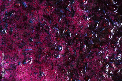 Macro shot of crushed grapes and bubbling juice during the early stages of fermentation in winemaking. The deep purple color and textured surface highlight the natural beauty and complexity of the fer