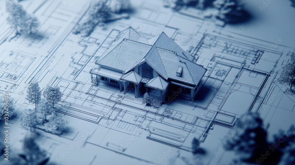 A detailed architectural blueprint of a house, showcasing design and layout. A detailed architectural blueprint of a house, showcasing design and layout.