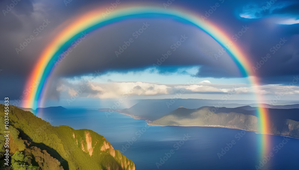 Scenic sky cloudscape with big bright rainbow above sea, Blue mountains in the background Scenic sky cloudscape with big bright rainbow above sea, Blue mountains in the background