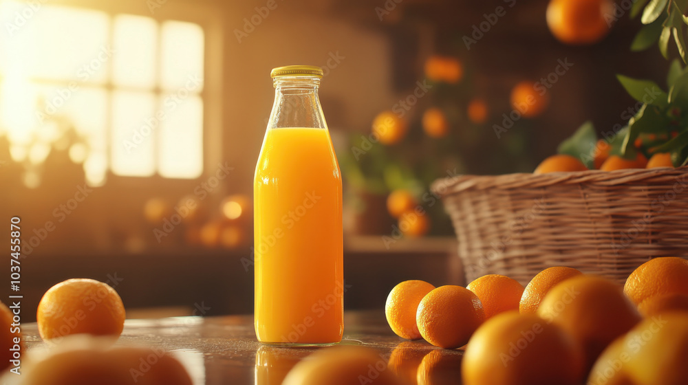 Fresh orange juice in glass bottle stands prominently amidst scattered oranges, capturing essence of sunny, vibrant atmosphere. warm light enhances inviting feel of this delightful scene Fresh orange juice in glass bottle stands prominently amidst scattered oranges, capturing essence of sunny, vibrant atmosphere. warm light enhances inviting feel of this delightful scene