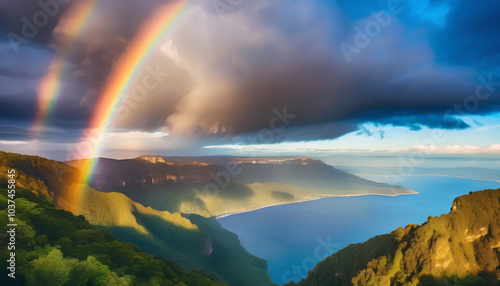 Scenic sky cloudscape with big bright rainbow above sea, Blue mountains in the background