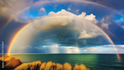 Scenic sky cloudscape with big bright rainbow above sea, Blue mountains in the background