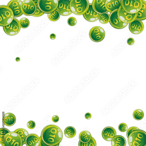 Vitamin Q10 round capsules scattered randomly.