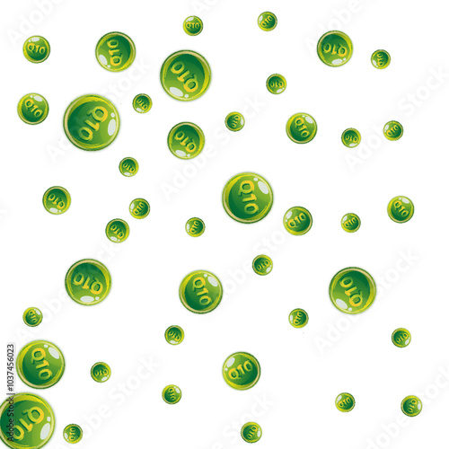 Vitamin Q10 round capsules scattered randomly.