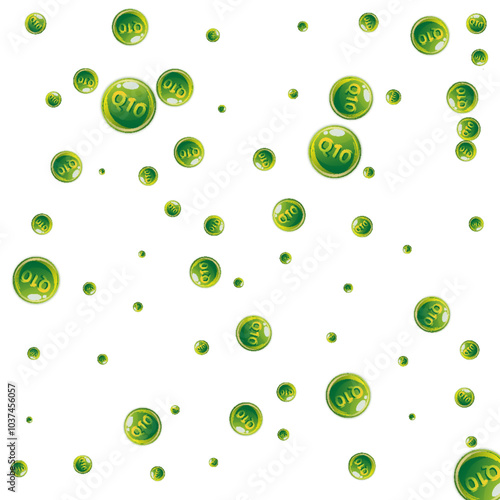 Vitamin Q10 round capsules scattered randomly.