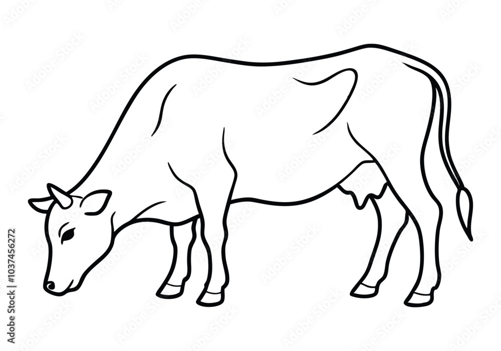 Fototapeta premium Continuous Line Drawing of a Grazing Cow – Nature-Themed Vector Art