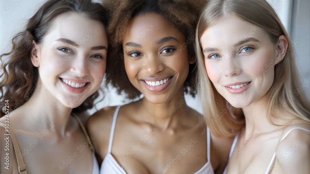 Three women with diverse hairstyles and smiles posing together in a bright indoor setting during the day. Generative AI Three women with diverse hairstyles and smiles posing together in a bright indoor setting during the day. Generative AI
