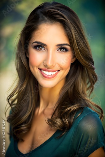 A young woman smiles warmly in natural light, showcasing her long, wavy hair while wearing a casual green top outdoors. Generative AI