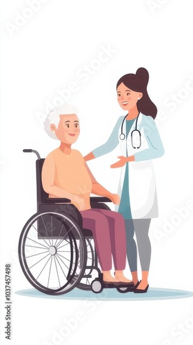 Illustration of a doctor kindly assisting a senior patient in a wheelchair, symbolizing healthcare, support, and elderly care.