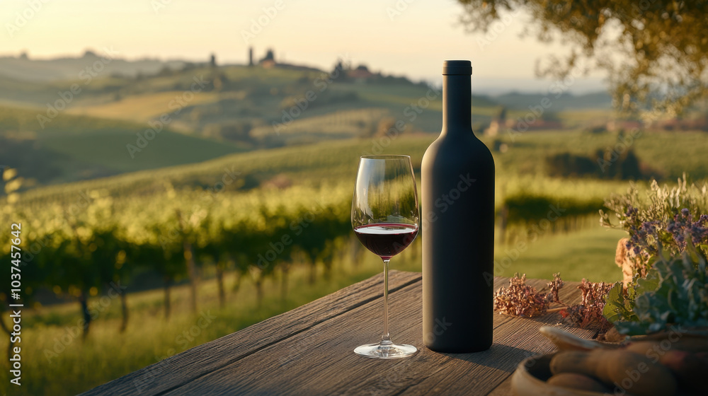 sleek black matte wine bottle stands beside glass of red wine on rustic wooden table, overlooking lush vineyards and rolling hills at sunset, creating serene atmosphere sleek black matte wine bottle stands beside glass of red wine on rustic wooden table, overlooking lush vineyards and rolling hills at sunset, creating serene atmosphere