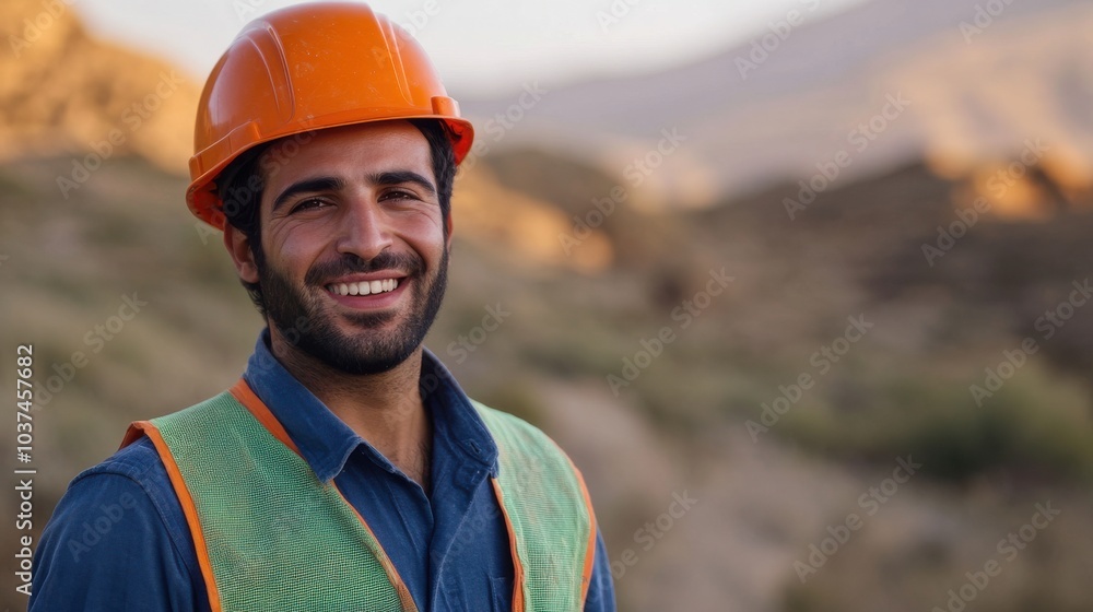 A construction worker wearing a hard hat and safety vest, smiling confidently at a industrial setting. A construction worker wearing a hard hat and safety vest, smiling confidently at a industrial setting.