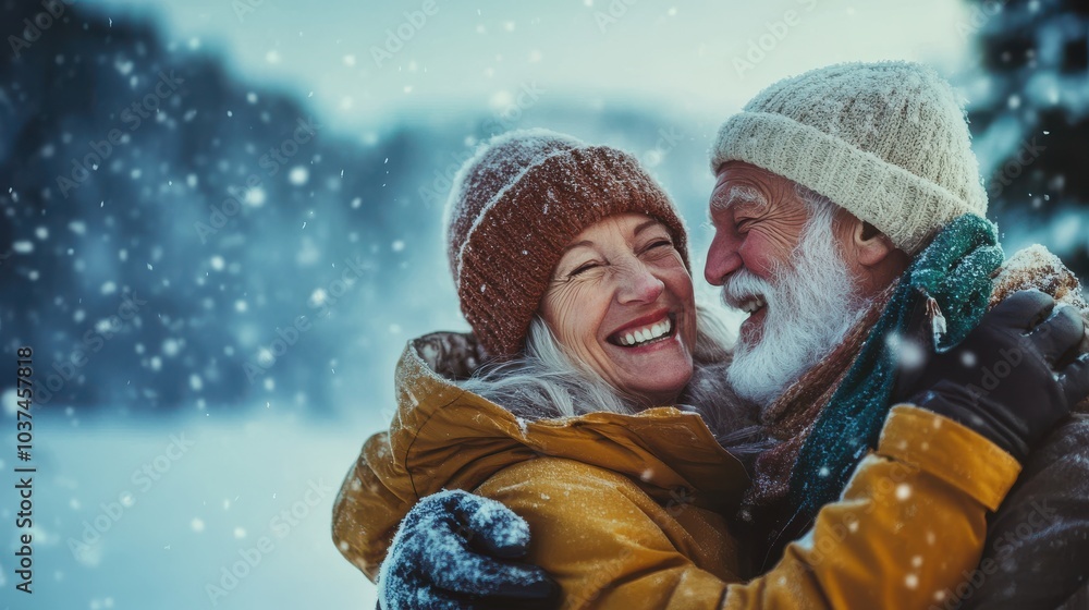 Fototapeta premium Happy senior couple enjoying a snowy day together.