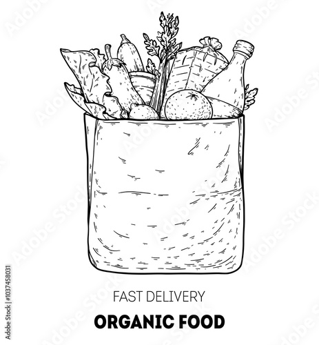 Paper shopping bag products grocery hand drawn sketch illustration. Grocery delivery concept. Organic food vector illustration. Grocery shopping. Grocery supermarket.
