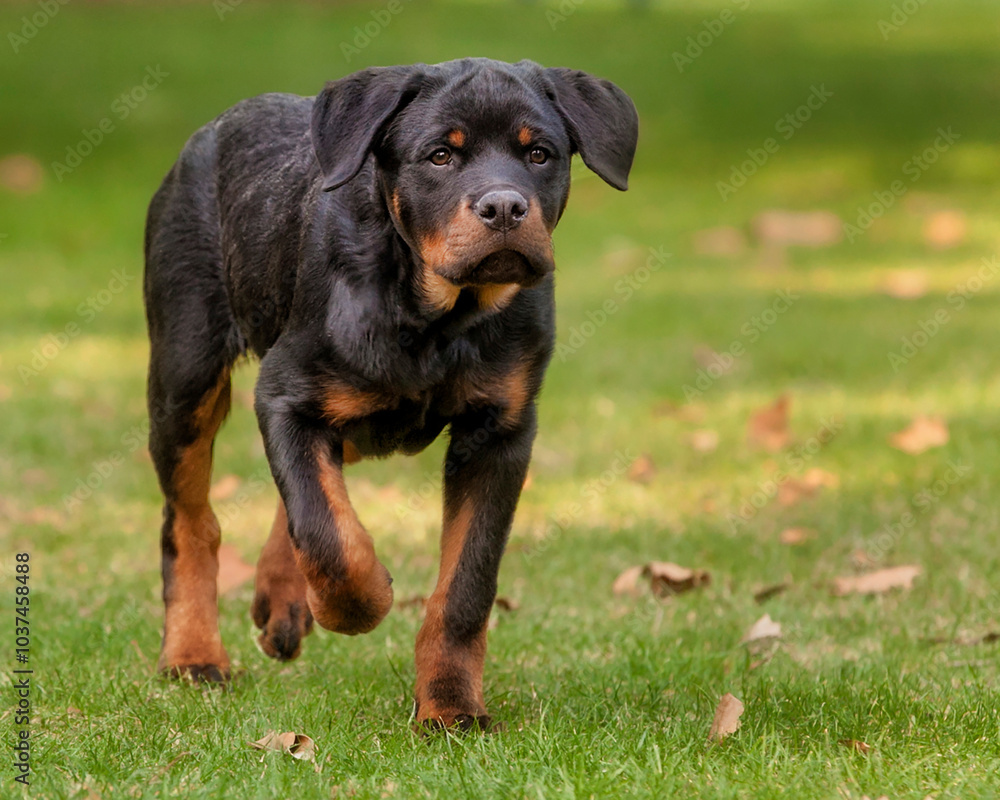 Rottweiler puppy walking in green grass Rottweiler puppy walking in green grass