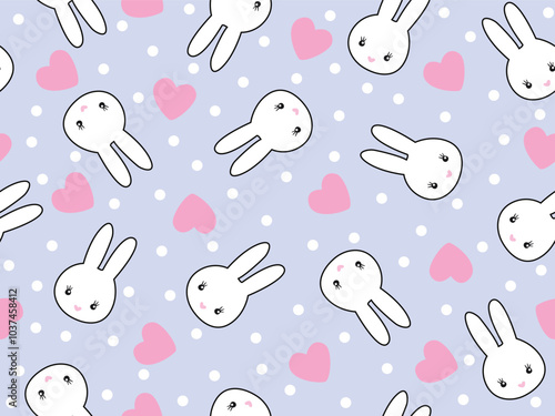 REPEAT PATTERN WITH WHITE BUNNY HEAD AND PINK HEARTS WITH WHITE POLKA ON BLUE BACKGROUND. SLEEPWEAR AND PAJAMAS SEAMLESS PRINT IN VECTOR FILE