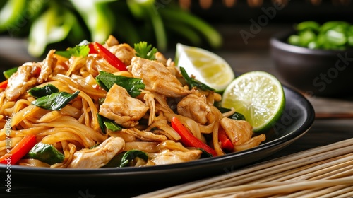A mouthwatering platter of Thai pad kee mao, stir-fried drunken noodles with chicken, bell peppers