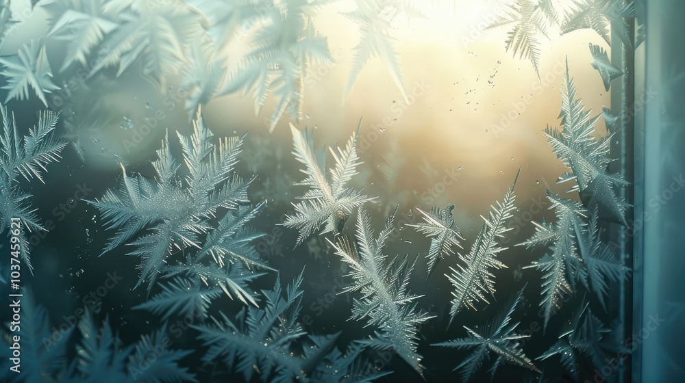 Intricate frost patterns on a window pane, backlit by soft light Intricate frost patterns on a window pane, backlit by soft light