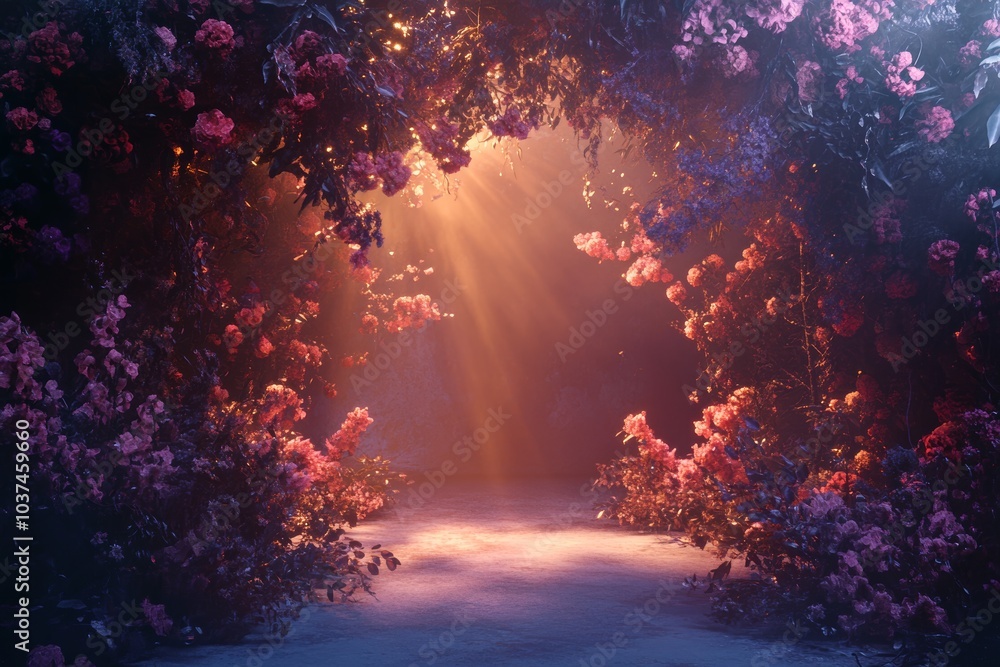 Enchanted Floral Cave with Sunlit Beams and Vivid Blossoms Enchanted Floral Cave with Sunlit Beams and Vivid Blossoms