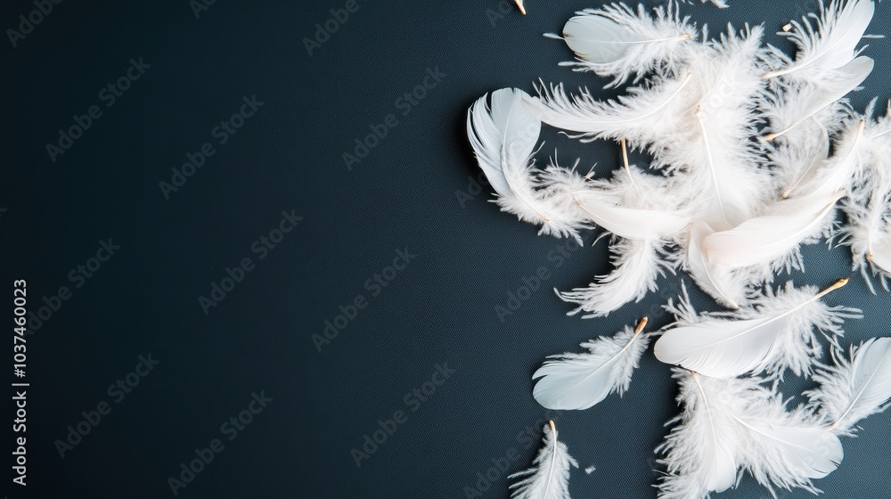 Naklejka premium Soft, white feathers scattered on a dark surface, creating a visually appealing contrast and a serene atmosphere.