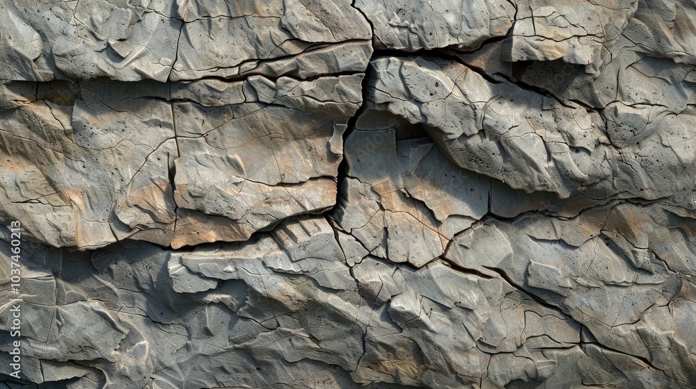 Textured rock face with deep cracks and weathered surfaces