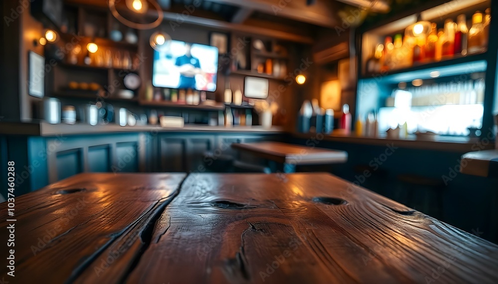An empty hardwood table top with a blur bar An empty hardwood table top with a blur bar
