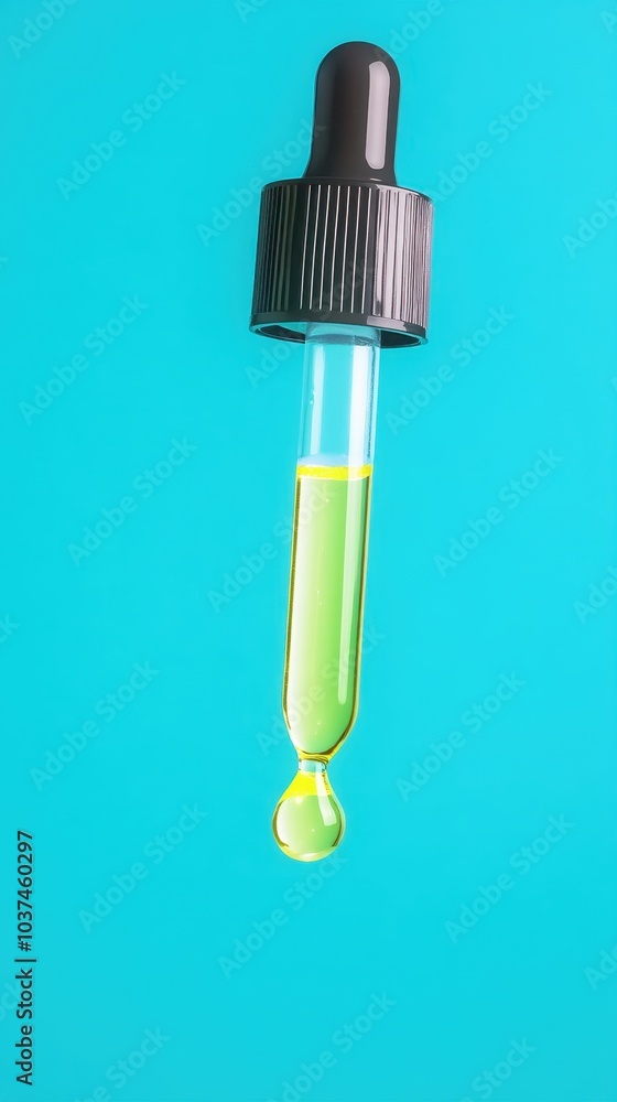 A vibrant dropper containing bright green liquid hangs against a turquoise background, showcasing a modern and colorful aesthetic. A vibrant dropper containing bright green liquid hangs against a turquoise background, showcasing a modern and colorful aesthetic.