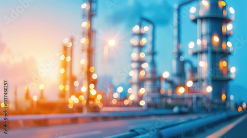 Blurred Industrial Landscape Background with Illuminated Refineries at Dusk