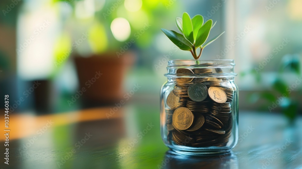 A glass jar filled with coins and a small plant sprouting from the top, symbolizing growth. A glass jar filled with coins and a small plant sprouting from the top, symbolizing growth.