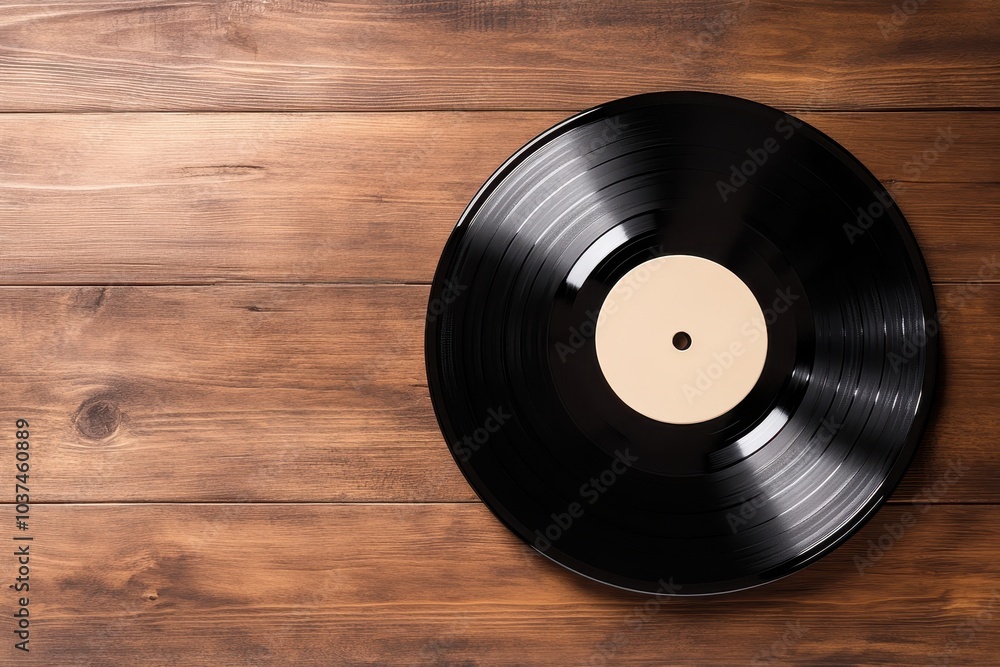 Obraz premium A classic black vinyl record on a wooden surface, showcasing its timeless appeal and connection to music history.