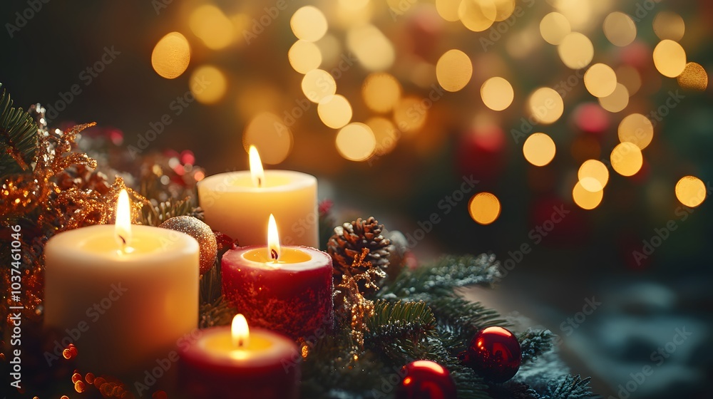 Burning Candles on a Christmas Wreath with Festive Lights Burning Candles on a Christmas Wreath with Festive Lights