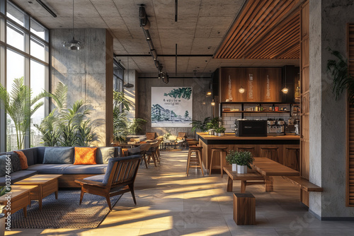 modern industrial cafe interior design with natural light and greenery