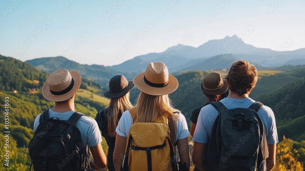 Group of Travelers Enjoying Scenic Mountain View Group of Travelers Enjoying Scenic Mountain View