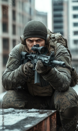 Soldier aiming rifle with scope in urban setting.