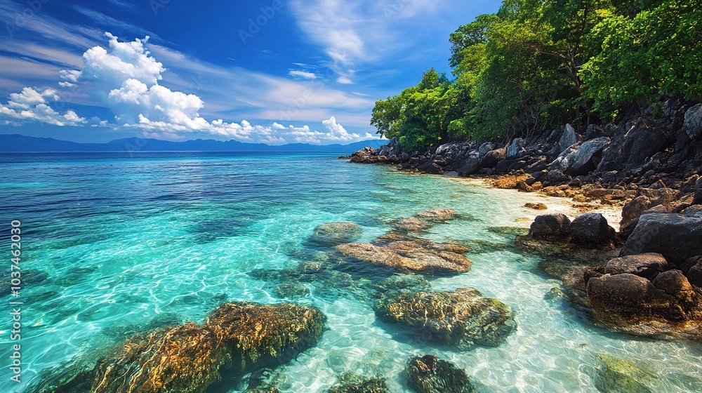 Fototapeta premium Serene Tropical Seaside with Clear Blue Water and Rocks