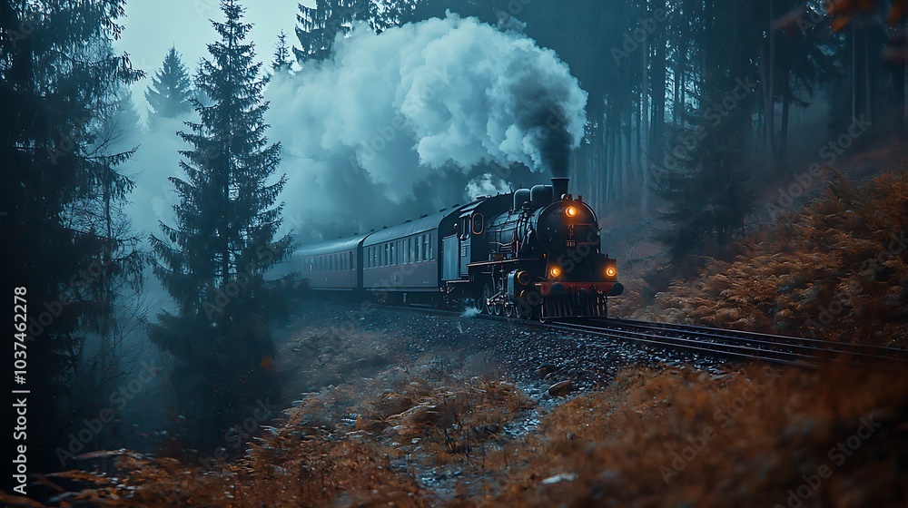 A mystical locomotive journeying through enigmatic foggy forests a journey beyond reality and imagination A mystical locomotive journeying through enigmatic foggy forests a journey beyond reality and imagination
