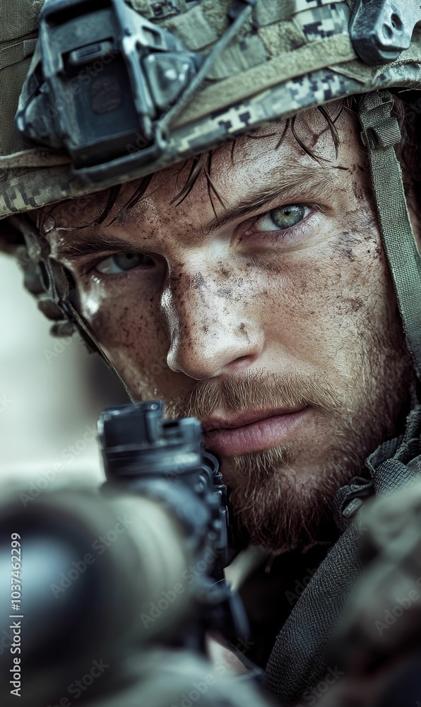 Dirty soldier aiming rifle with intense gaze. Dirty soldier aiming rifle with intense gaze.