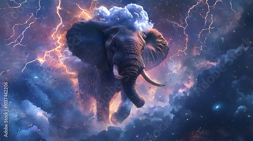 A celestial elephant with a cloudy body enigmatically walking through a cosmic storm of stars and lightning photo