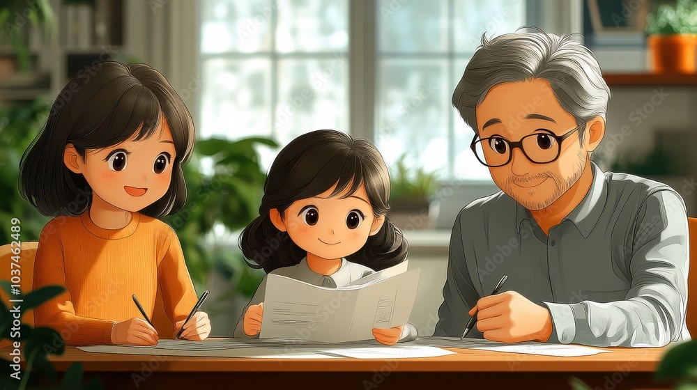 Family Learning Together at Home in Cozy Environment Family Learning Together at Home in Cozy Environment