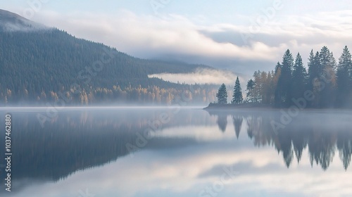 Serene Lake Reflection with Mist and Pine Trees