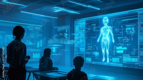 A group of students are watching a holographic projection of a human body in a classroom.