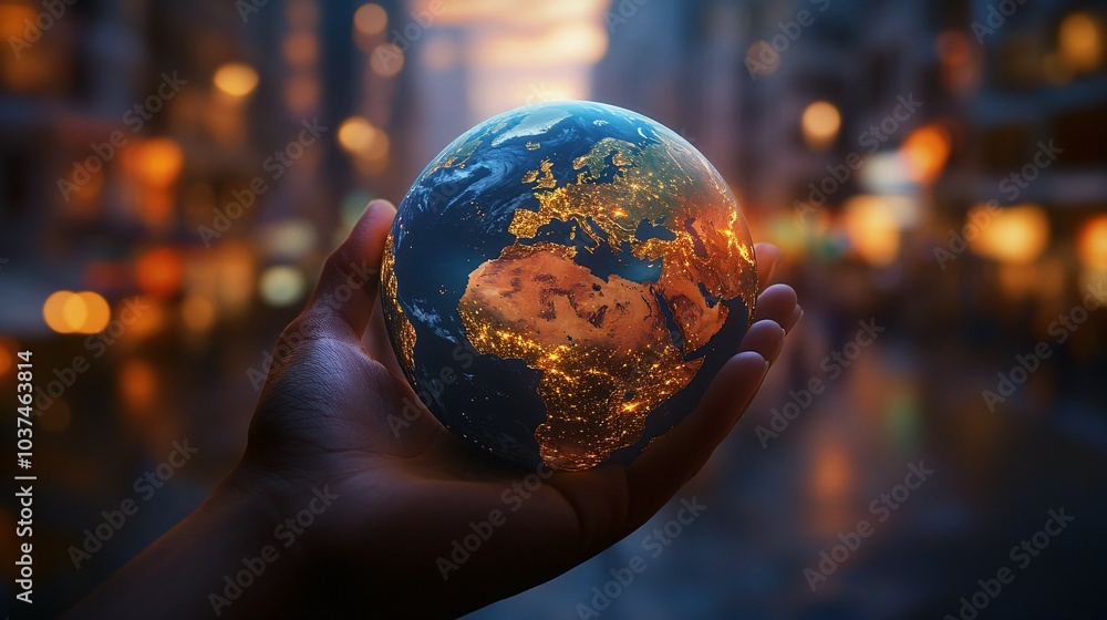 Fototapeta premium A Hand Holding a Glowing Earth Globe in a Cityscape