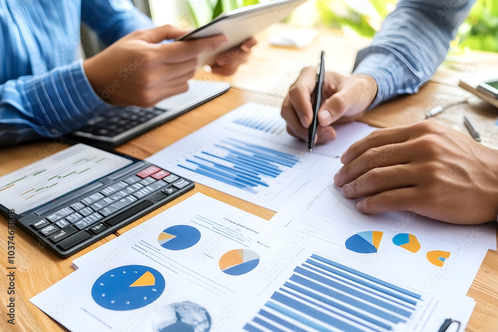 Business professionals analyzing financial charts and graphs at a desk with a calculator and tablet, reviewing data and reports Business professionals analyzing financial charts and graphs at a desk with a calculator and tablet, reviewing data and reports